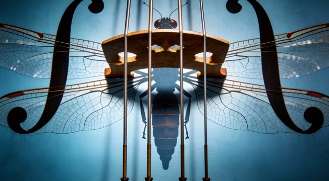 Abstract insected symphony with geometric violin strings forming bug wings, vertical portrait compos