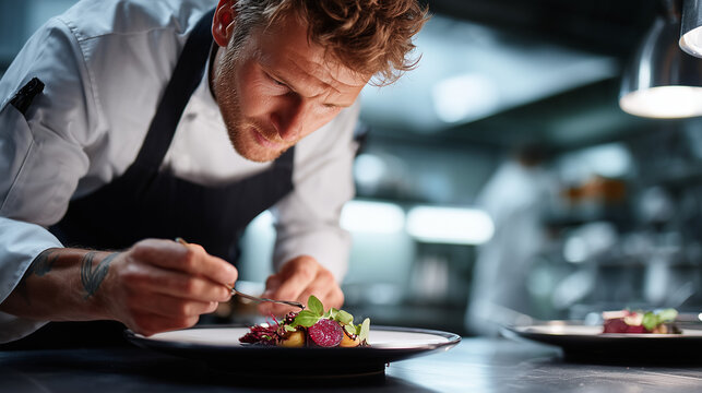 professional chef plating gourmet dish with focused expression in restaurant kitchen male chef carefully garnishing exquisite meal under warm kitchen lights