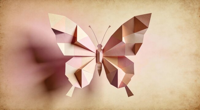 Abstract geometric butterfly made of soft pastel polygons and interlocking shapes, symmetrical compo