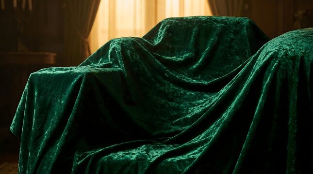 Macro Shot of Thick Emerald Green Velvet Fabric Draped Over Furniture with Soft Bokeh Background