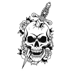 Fototapeta premium Traditional Tattoo Style Human Skull with Dagger and Roses Vector Illustration