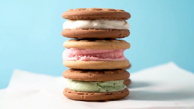 Refreshing summer ice cream sandwiches stacked on blue for a clean modern aesthetic.