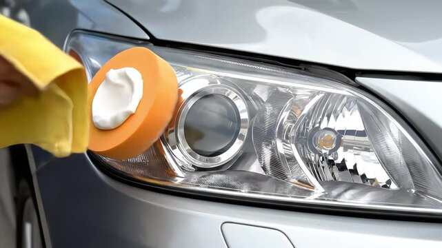 Mechanic polishing yellowed car headlight with machine and wiping it clean with yellow microfiber cloth
