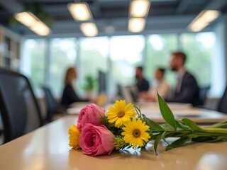 office romance, bouquet of flowers in the office