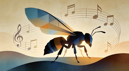 Soft geometric wasp abstracted into sharp yet blurred angles and waves, landscape orientation on sof