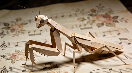 Vintage HD geometric praying mantis from elongated rectangles and folds, close-up predatory pose com