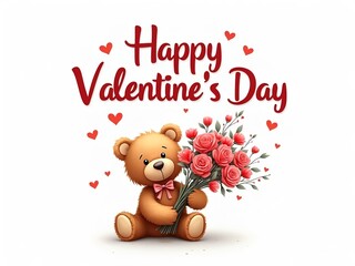 happy valentine's day teddy bear holding flowers in white background