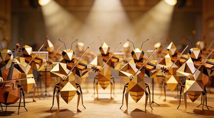 Abstract insect orchestra with geometric violins and bug bodies, panoramic group composition on soft