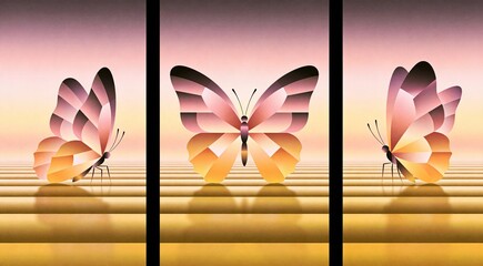 Layered geometric butterfly metamorphosis in soft evolving shapes, sequential composition on gradien