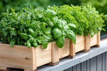 Fototapeta premium Fresh Green Herbs Growing in Wooden Planters on a Sunny Outdoor Patio Garden Space