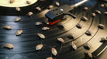 Abstract insect vinyl grooves alive with bugs, macro groove dive composition against soft label back