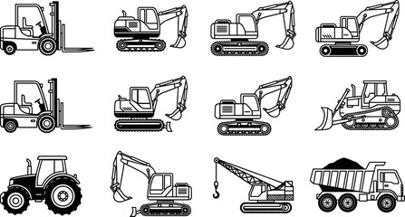 Construction equipment outline vector set featuring forklifts, excavators, bulldozers, cranes, tractors and dump trucks for industrial machinery icons isolated on white background © Goutom