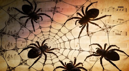 Fractal geometric spider web laced with insect forms, intricate radial symmetry composition, dramati