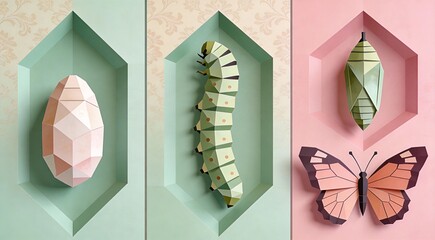 Polygonal butterfly metamorphosis sequence in layered geometric panels, triptych-style composition,