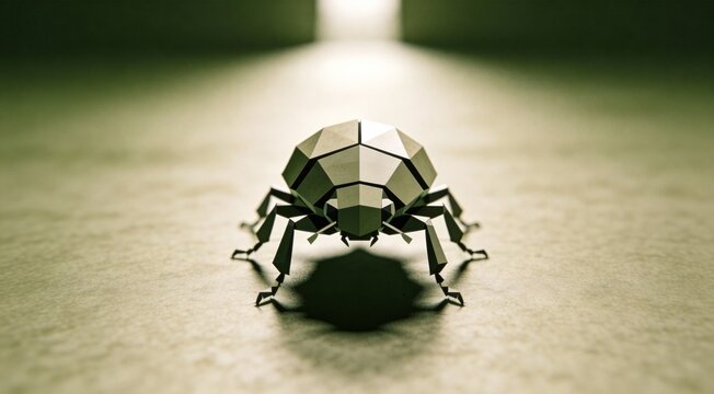 Cubic beetle marching across flat plane, linear perspective composition leading to horizon, soft dir