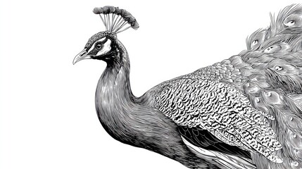 Fototapeta premium Elegant Black and White Illustration of a Majestic Peacock Bird
