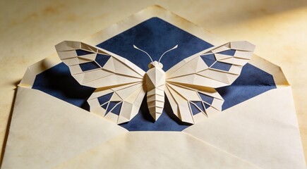 Emergent moth geometric wings from envelope, envelope reveal composition, unfolding soft edge lighti