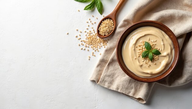 Creamy tahini sauce in bowl garnished with sesame seeds and basil leaves. Wooden spoon with pine nuts nearby. Simple healthy food prep on white background.