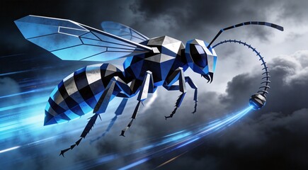 Hovering geometric wasp with trailing stinger lines, arched trajectory composition, speed-light soft