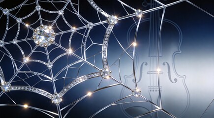 Interwoven spider geometric webs with jewels, jeweled node composition, sparkling soft point lights,