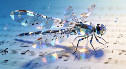 Dragonfly geometric facets reflecting music notes, reflective multifaceted composition, prismatic so