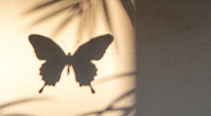 Shadow-play geometric moth on wall texture, projected shadow composition, single soft key light cast