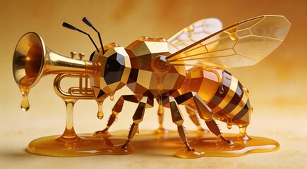 Honey-dripping geometric bee abstract, viscous flow composition, glossy wet lighting highlights, amb