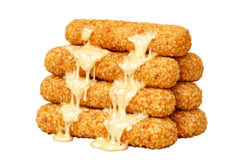 Stack of golden fried mozzarella sticks with melted cheese dripping, delicious breaded snack on transparent background