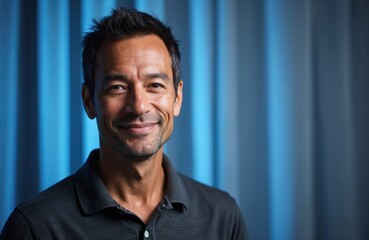 Fototapeta premium Middle aged man smiles gently against a soft blue striped background. He wears a dark polo shirt. His look is warm and inviting, conveying approachability and confidence.