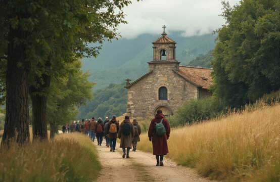 Group of pilgrims walk on gravel path toward stone church with bell tower. People with backpacks hike through grassy fields and trees in mountains. Journey continues past rural building.
