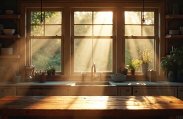 Fototapeta premium Sunlight streams through kitchen window onto rustic table. Morning light fills cozy home interior with plants and sink. Peaceful daybreak scene for domestic comfort.