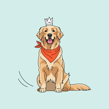 Golden retriever dog wearing a crown and orange bandana sits happily