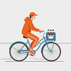 Obraz premium Man riding bicycle with crate of drinks, urban delivery service concept