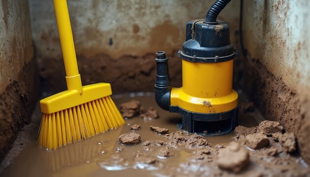 Yellow sump pump sits in dirty water near broom. Basement flooding cleanup involves clearing mud debris and pipe maintenance. Emergency water removal for home.