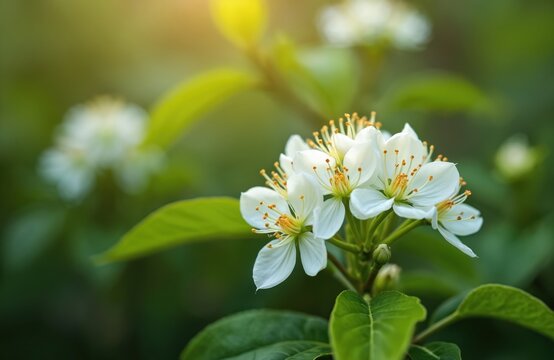 Clusters of small white Adhatoda Vasica blooms with yellow stamens are in soft focus green garden. Sunlight shines on delicate petals and leaves in spring.