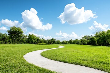 Fototapeta premium Serene Winding Pathway Through Lush Green Landscape Under Bright Blue Sky with Clouds
