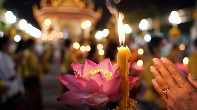 Makha Bucha Wian Tian Procession Lit Candle and Lotus Flower