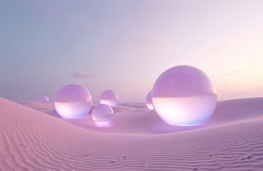 Surreal desert landscape with glowing pastel spheres on pink sand dunes. Soft sky with pale sun and clouds at twilight. Ethereal atmosphere, tranquil, mysterious and dreamlike scene.