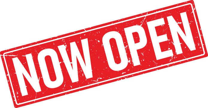 Now Open Text in Red Distressed Rubber Stamp Impression Style on White