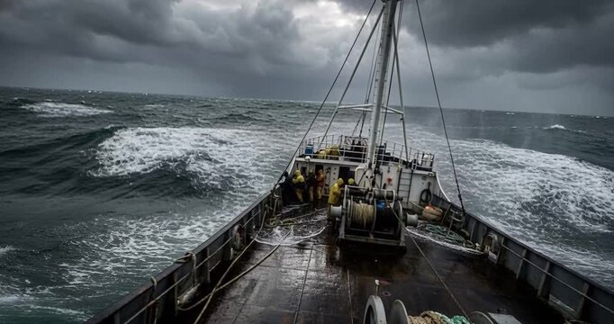 Ocean vessel navigating stormy seas dramatic weather conditions