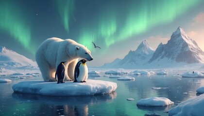 Naklejka premium Polar bear and penguins stand on ice floe. Aurora borealis glows green in night sky. Snow mountains rise over ocean water. Winter Arctic landscape with wildlife. Northern lights shine.