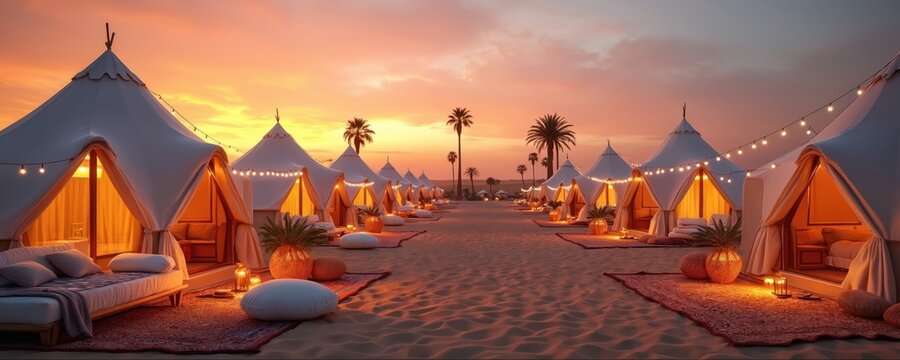 Rows of white tents on sandy ground at dusk. Palm trees, orange sky create desert resort ambiance. String lights illuminate cozy glamping site, offering peaceful vacation escape. Comfortable seating