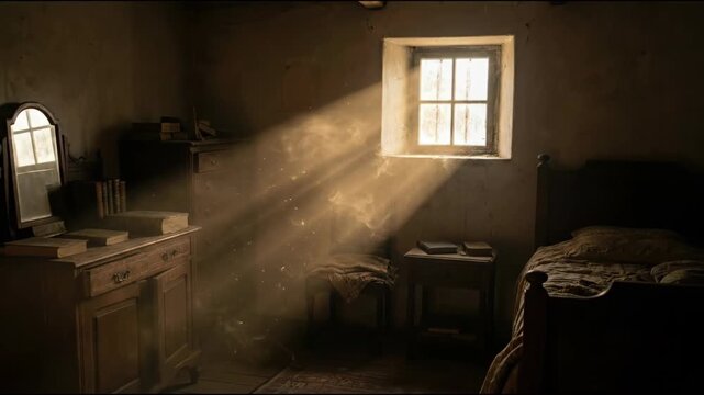 Sunlit dusty bedroom window morning sunbeam antique furniture wooden bed bedside table old books vintage mirror warm light dusty sunlight through