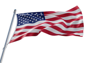Obraz premium Hyperrealistic, detailed nylon american flag, dramatically billowing on a reflective silver pole, isolated on a transparent void background. Concept of solemn patriotism