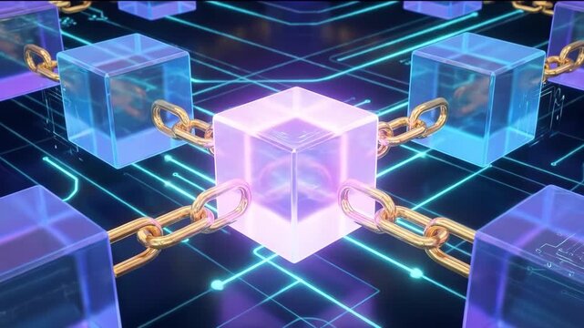 Transparent glass blue cube linked by gold chain neon circuit grid conveying secure blockchain ledger network security and glowing nodes reflecting