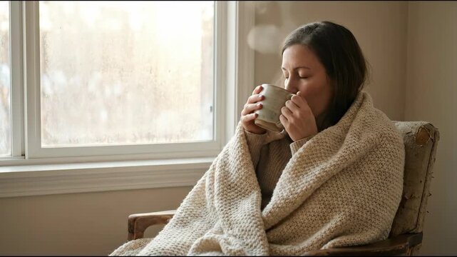 Cozy woman wrapped in chunky knit blanket sipping hot mug by window with steaming hot drink in quiet morning light relaxed calm mood