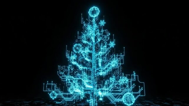 Glowing Digital Circuits Form Futuristic Christmas Tree Illuminated Against Dark Background Technology Holiday Fusion For Festive Design Tech Concepts