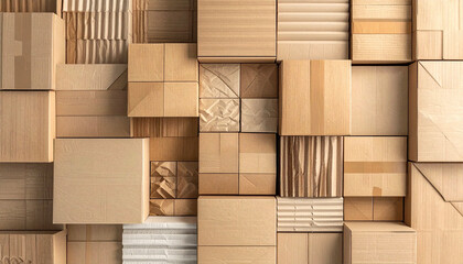 配送準備と在庫管理：ロジスティクスを象徴するフラットレイな段ボール箱の集合