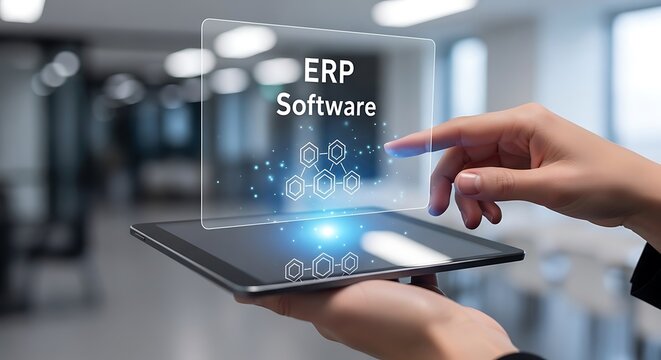 Person using tablet with ERP software interface displayed.