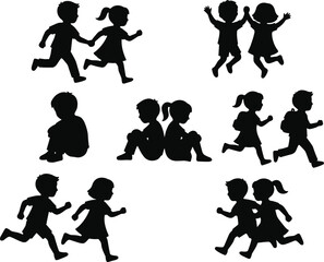 Obraz premium Collection of Black Vector Silhouettes Featuring Cute Puppy Breed Icons and Active Children Playing Jumping Running and Sitting Isolated on a Clean White Background